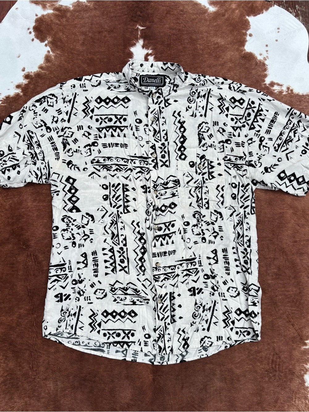 Vintage Linen Blend black and white Abstract button down shirt